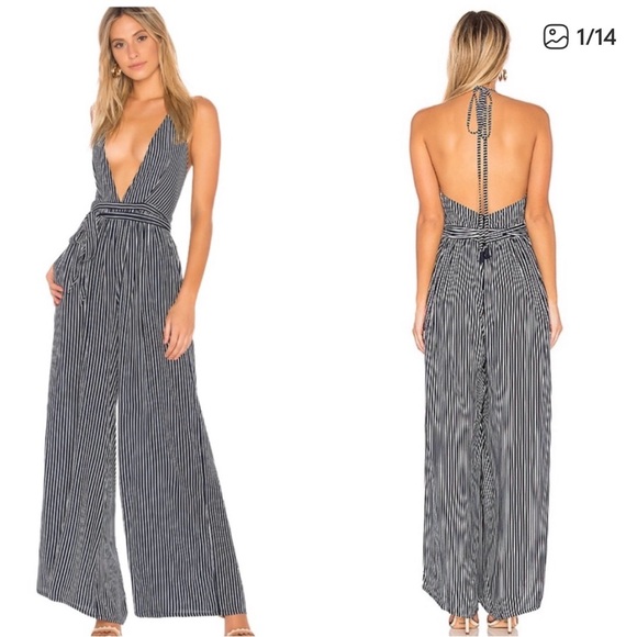 Faithfull the Brand Pants - Faithfull the Brand Riley Black and White Maison Stripe Plunge Jumpsuit Halter